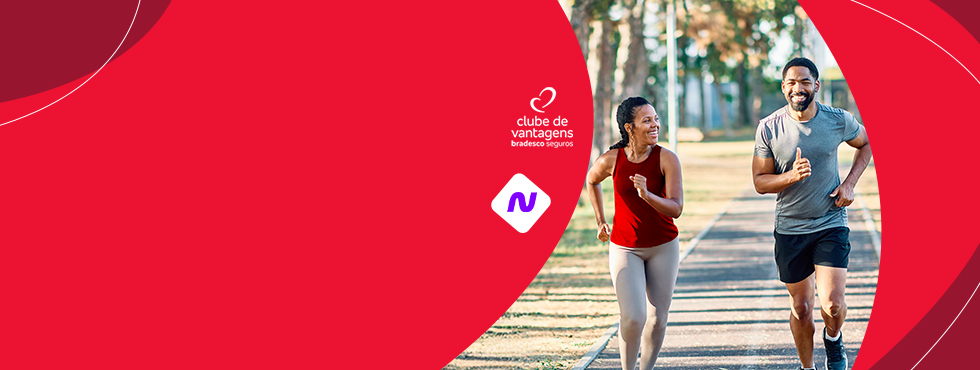 Imagem de fundo tem uma mulher e um homem praticando atividade esportiva - corrida.