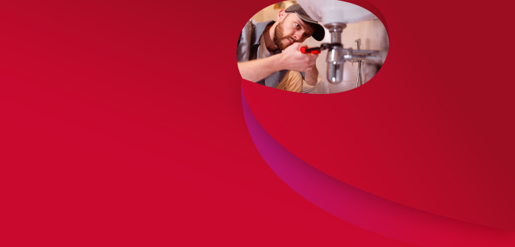 Imagem de fundo vermelho radiante contendo um encanador arrumando uma torneira.