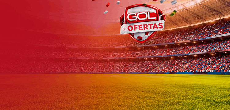 Imagem de fundo tem uma arquibancada e campo de futebol contendo selo da campanha Gol de Ofertas que é um escudo escrito gol de ofertas nas cores vermelha e cinza 