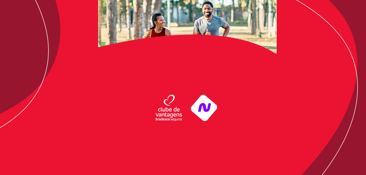 Imagem de fundo tem uma mulher e um homem praticando atividade esportiva - corrida.