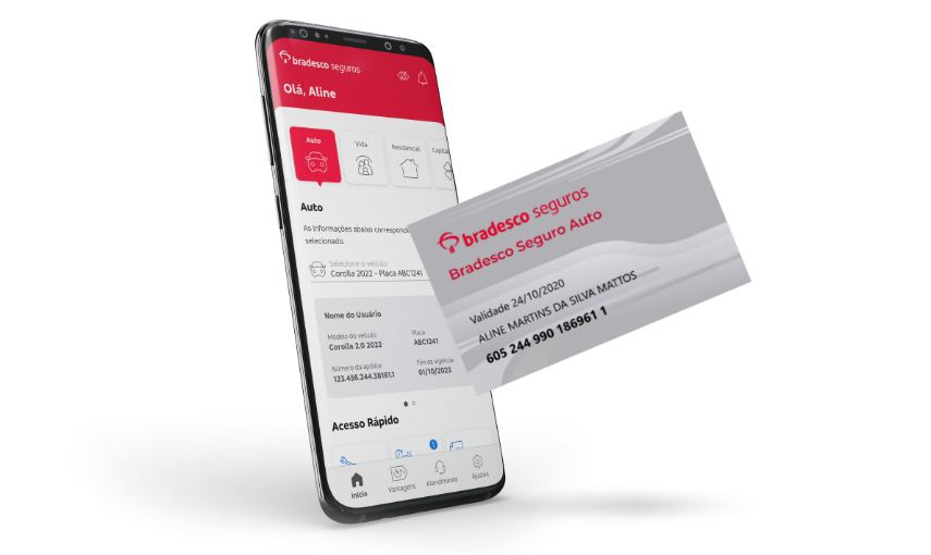 Tela do app Bradesco Seguros ao lado de carteirinha física, indicando dados da apólice Auto.