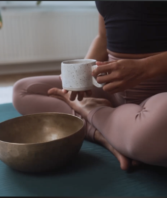Uma mulher sentada no chão com pernas cruzadas, segurando uma caneca com as mãos, com recipiente em formato de bacia a sua frente.