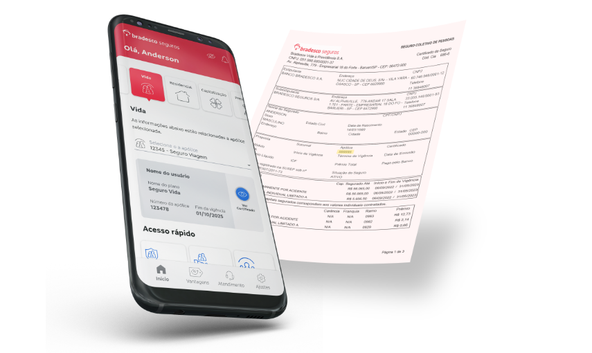 Tela do app Bradesco Seguros ao lado de documento de apólice, indicando numeros de apólice Vida