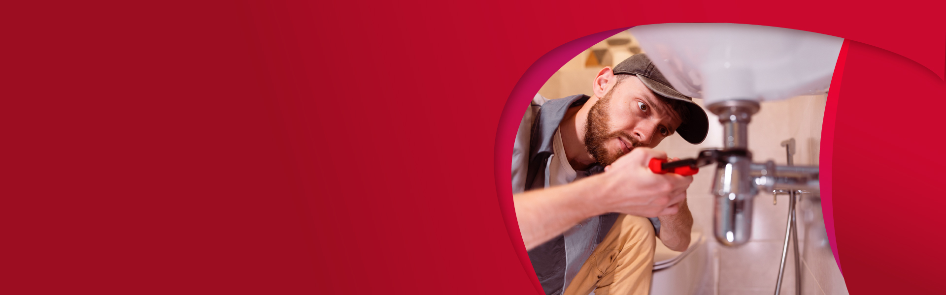 Imagem de fundo vermelho radiante contendo um encanador arrumando uma torneira.