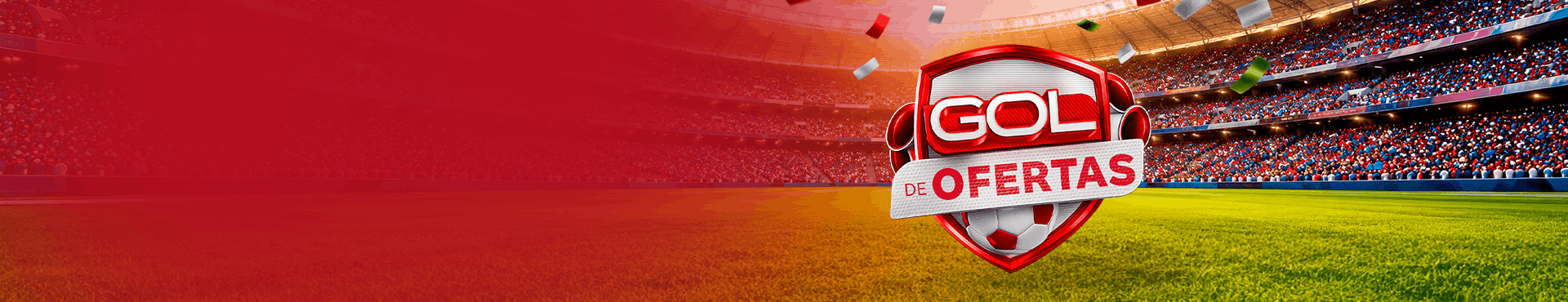 Imagem de fundo tem uma arquibancada e campo de futebol contendo selo da campanha Gol de Ofertas que é um escudo escrito gol de ofertas nas cores vermelha e cinza 